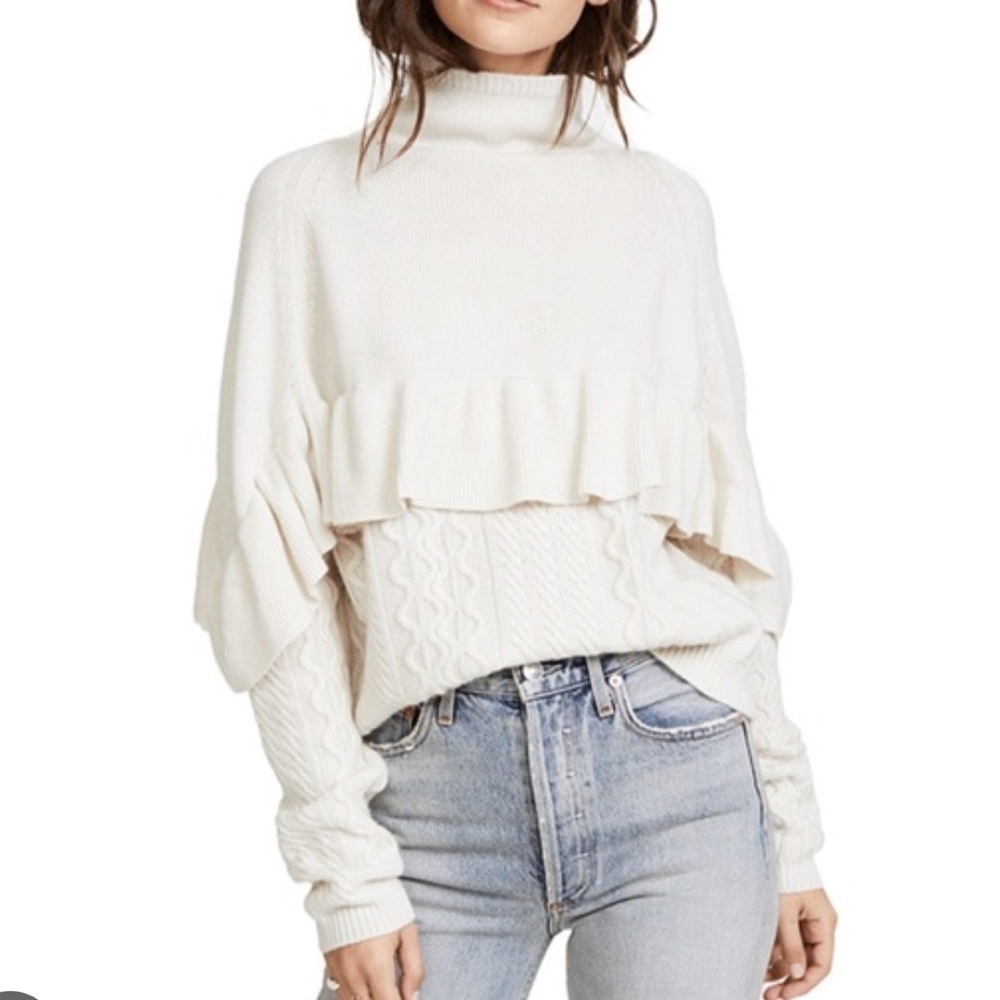 Project Naadam Cream Ruffle Cable Knot Sweater. Size Xs